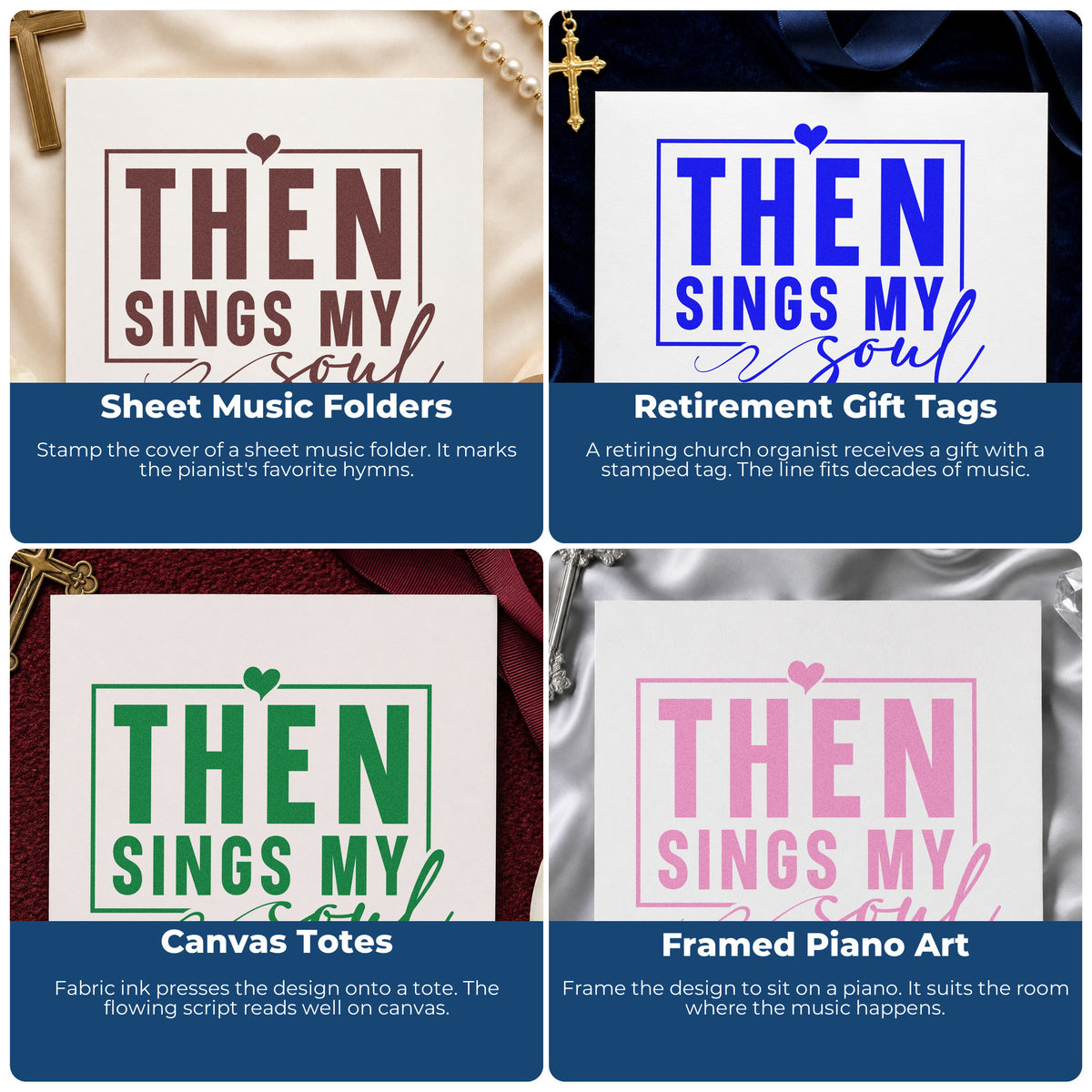 Four ways to use the Then Sings My Soul With Hearts Stamp – Self-Inking: sheet music folders, retirement gift tags, canvas totes and framed piano art.