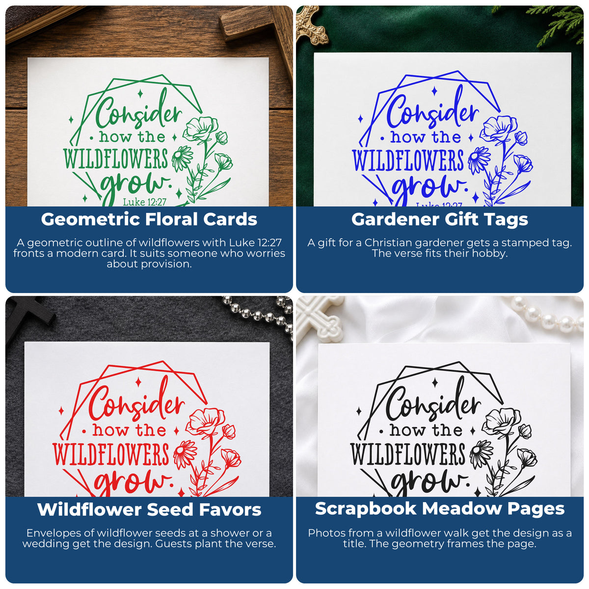 Four ways to use the Wildflowers Geometric Frame Self-Inking Stamp: geometric floral cards, gardener gift tags, wildflower seed favors and scrapbook meadow pages.