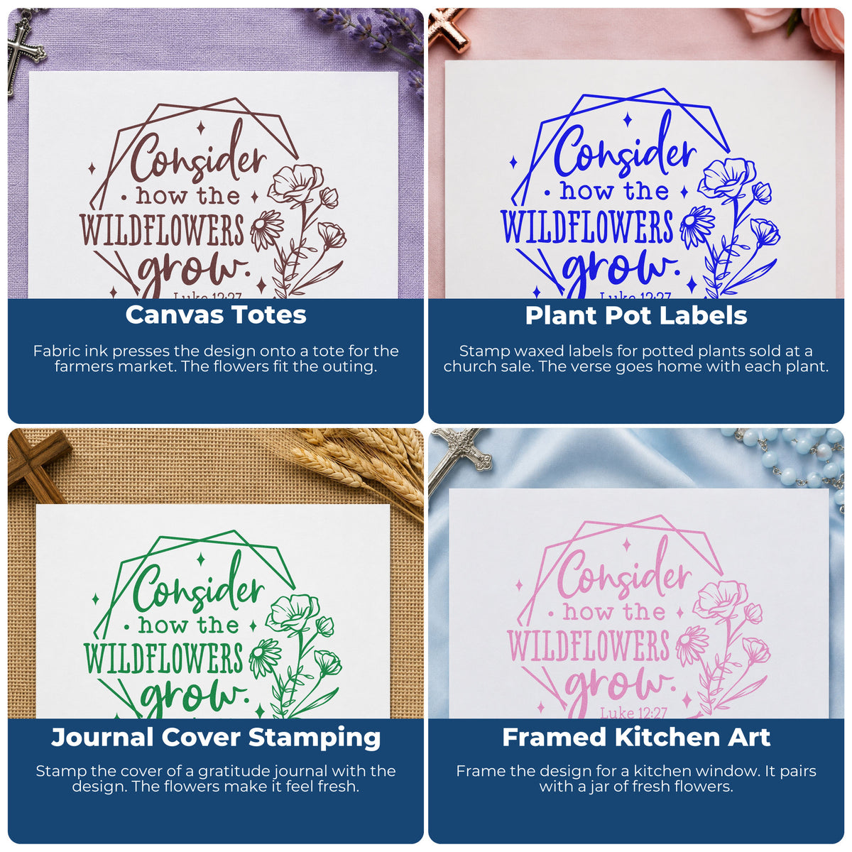 Four ways to use the Wildflowers Geometric Frame Self-Inking Stamp: canvas totes, plant pot labels, journal cover stamping and framed kitchen art.