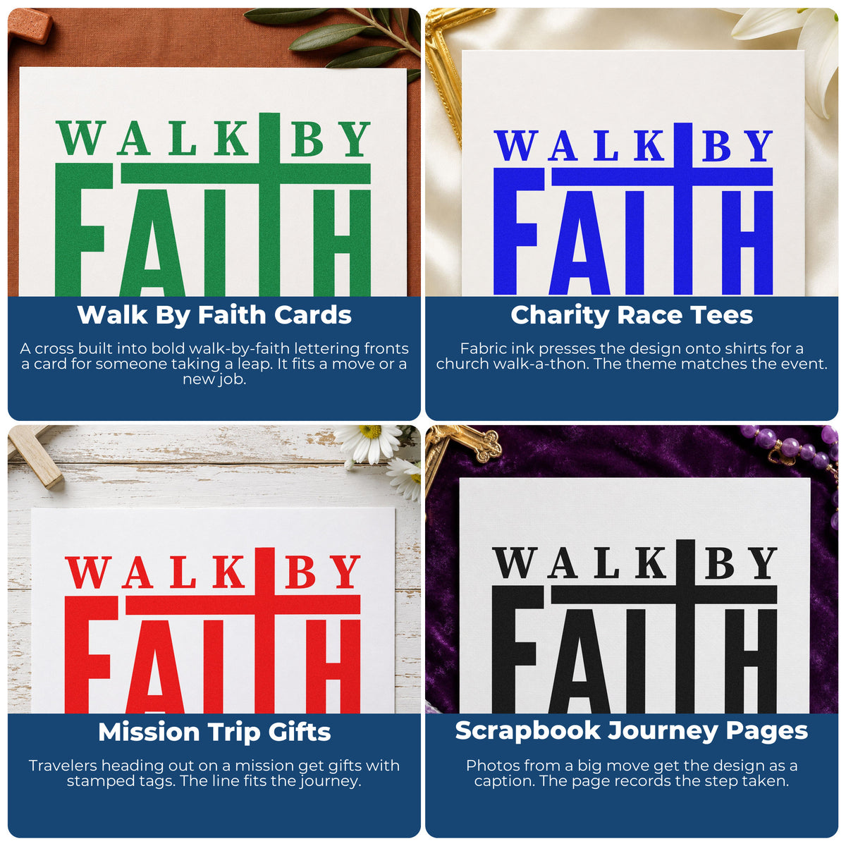 Four ways to use the Walk By Faith With Cross Hand Stamp – Duo: walk by faith cards, charity race tees, mission trip gifts and scrapbook journey pages.