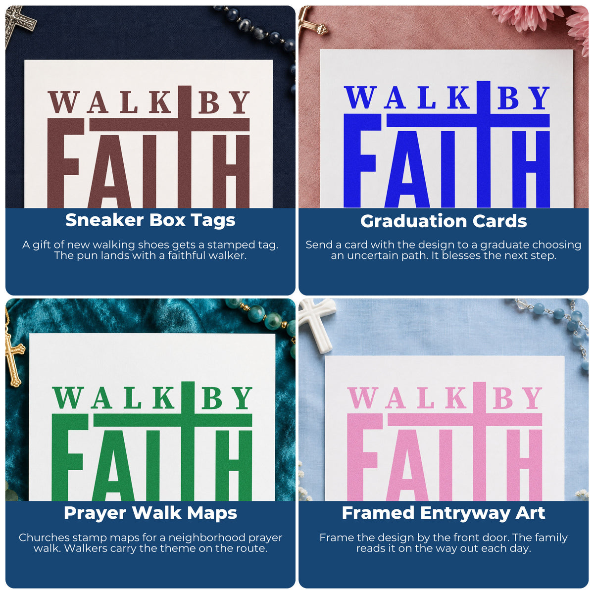 Four ways to use the Walk By Faith With Cross Hand Stamp – Duo: sneaker box tags, graduation cards, prayer walk maps and framed entryway art.