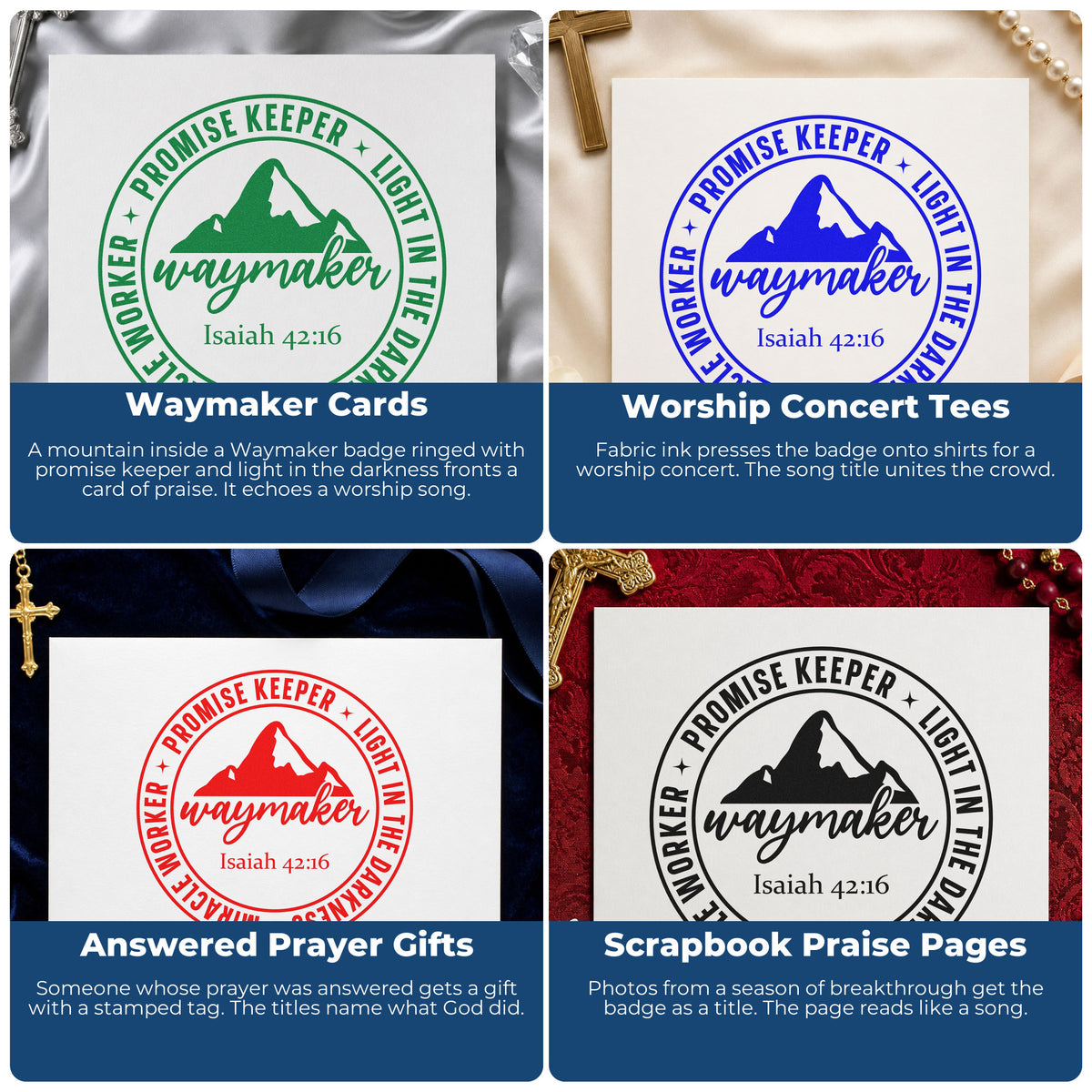 Four ways to use the Vintage Pro Waymaker Mountain Badge Premium Wooden Stamp: waymaker cards, worship concert tees, answered prayer gifts and scrapbook praise pages.