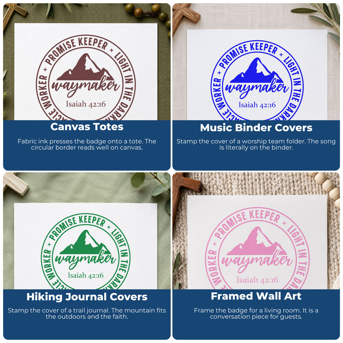Four ways to use the Vintage Pro Waymaker Mountain Badge Premium Wooden Stamp: canvas totes, music binder covers, hiking journal covers and framed wall art.