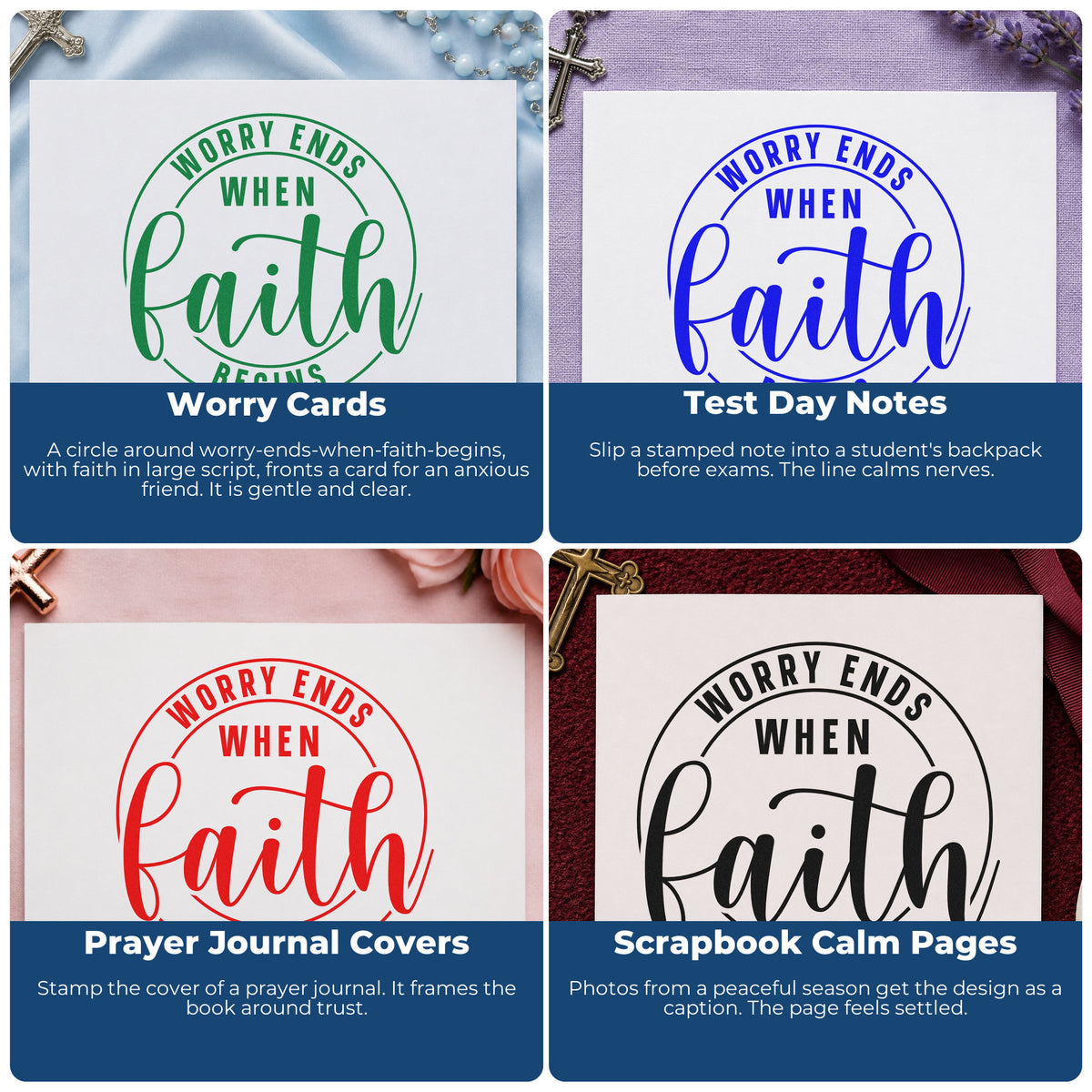 Four ways to use the Worry Ends When Faith Begins Circular Layout Premium Wooden Stamp - Vintage Pro: worry cards, test day notes, prayer journal covers and scrapbook calm pages.