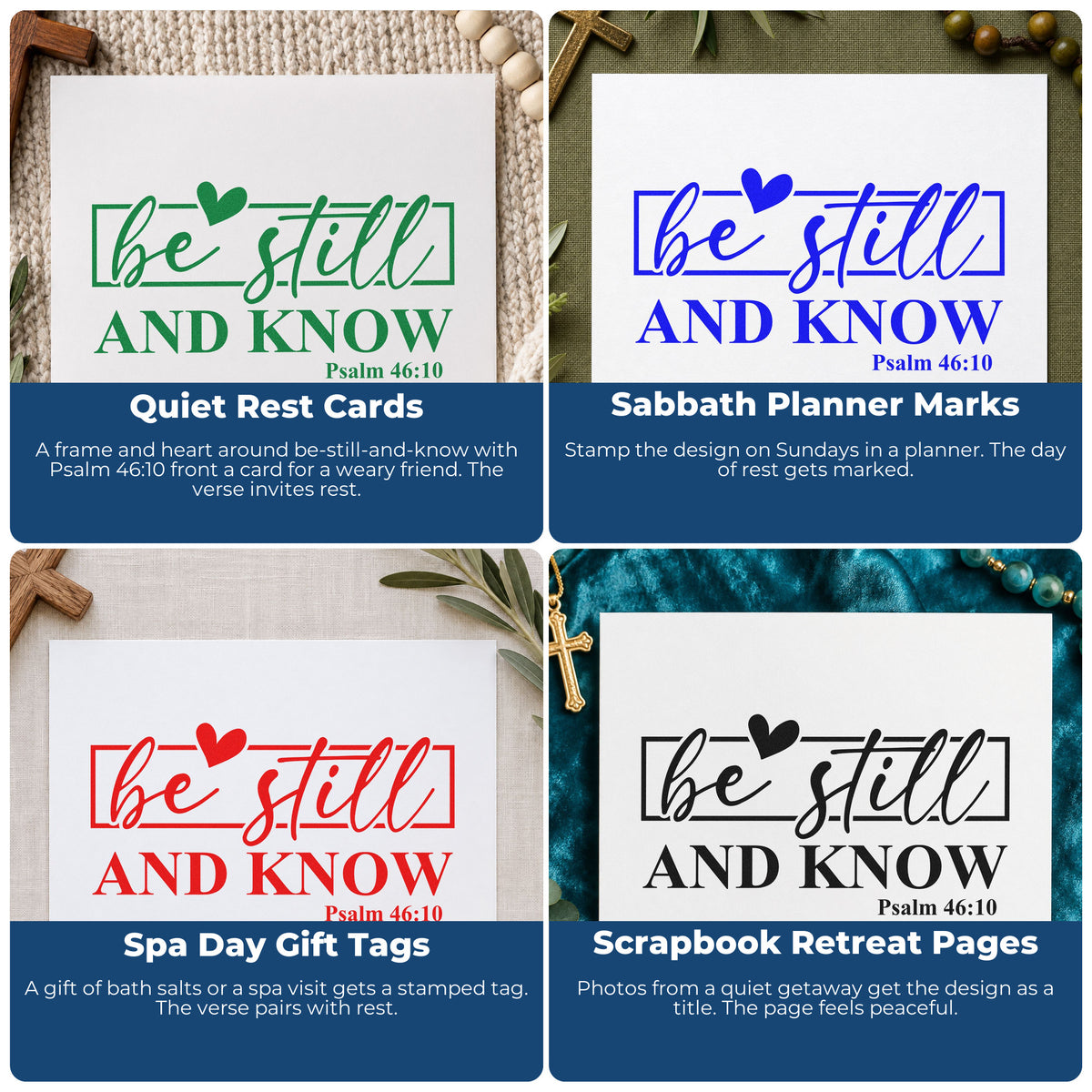 Four ways to use the Be Still Heart Frame Self-Inking Stamp: quiet rest cards, sabbath planner marks, spa day gift tags and scrapbook retreat pages.