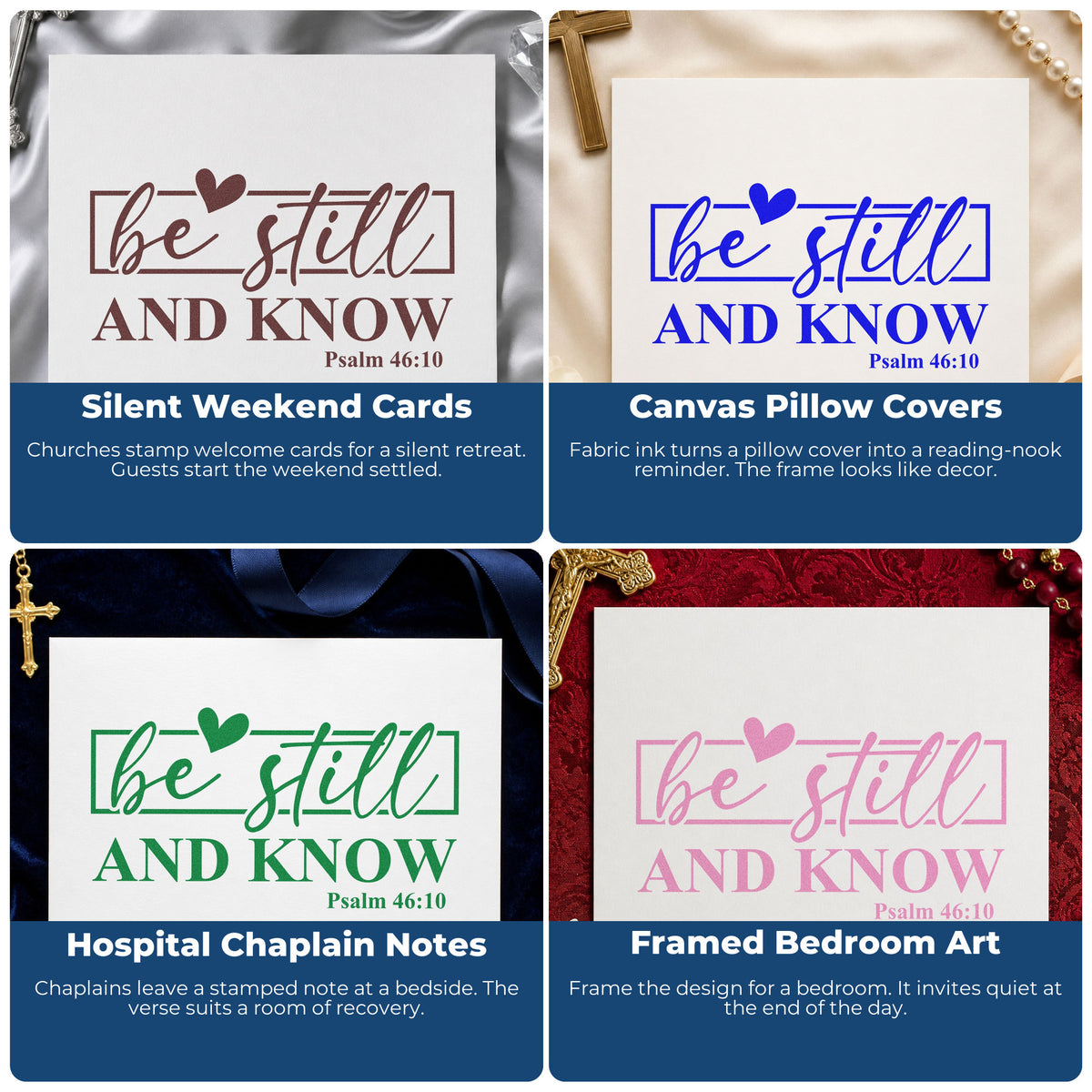Four ways to use the Be Still Heart Frame Self-Inking Stamp: silent weekend cards, canvas pillow covers, hospital chaplain notes and framed bedroom art.
