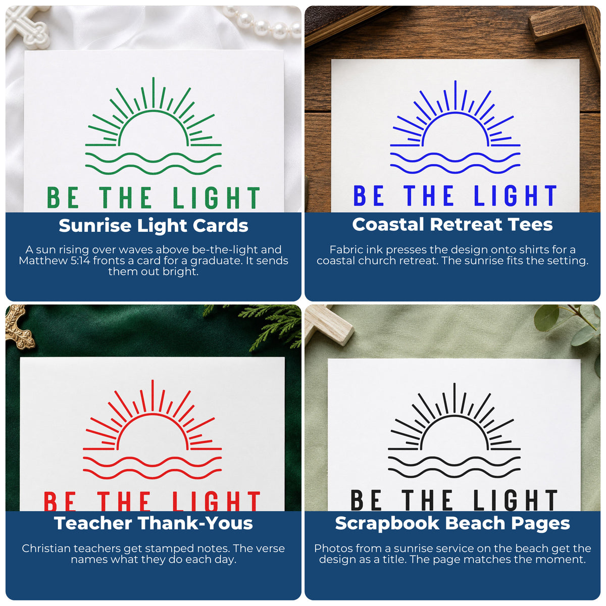 Four ways to use the Be The Light Sunrise Rubber Stamp – Wood Handle: sunrise light cards, coastal retreat tees, teacher thank-yous and scrapbook beach pages.