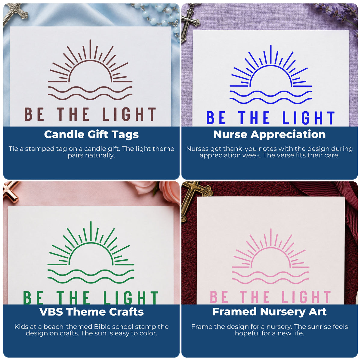 Four ways to use the Be The Light Sunrise Rubber Stamp – Wood Handle: candle gift tags, nurse appreciation, vbs theme crafts and framed nursery art.