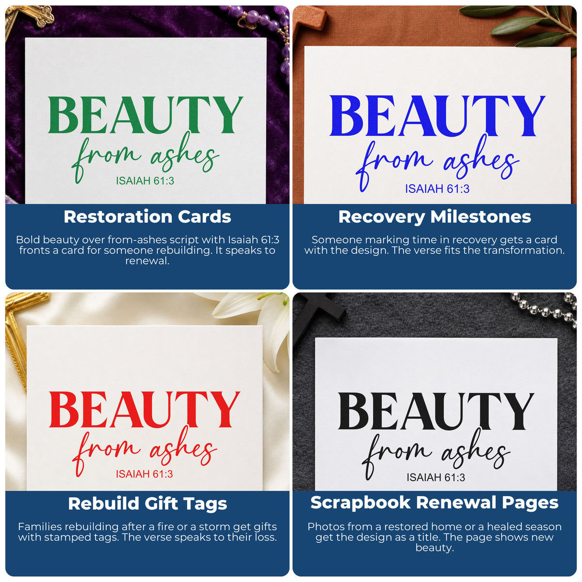 Four ways to use the Beauty From Ashes Script Lettering PSI Pre-Inked Stamp: restoration cards, recovery milestones, rebuild gift tags and scrapbook renewal pages.