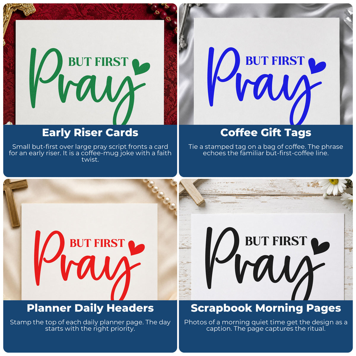 Four ways to use the But First Pray Self-Inking Stamp: early riser cards, coffee gift tags, planner daily headers and scrapbook morning pages.