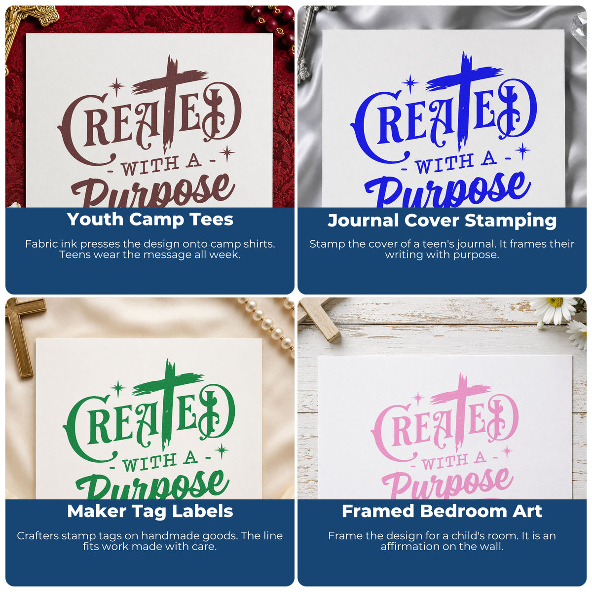 Four ways to use the Created With A Purpose Craft Stamp – Self-Inking: youth camp tees, journal cover stamping, maker tag labels and framed bedroom art.