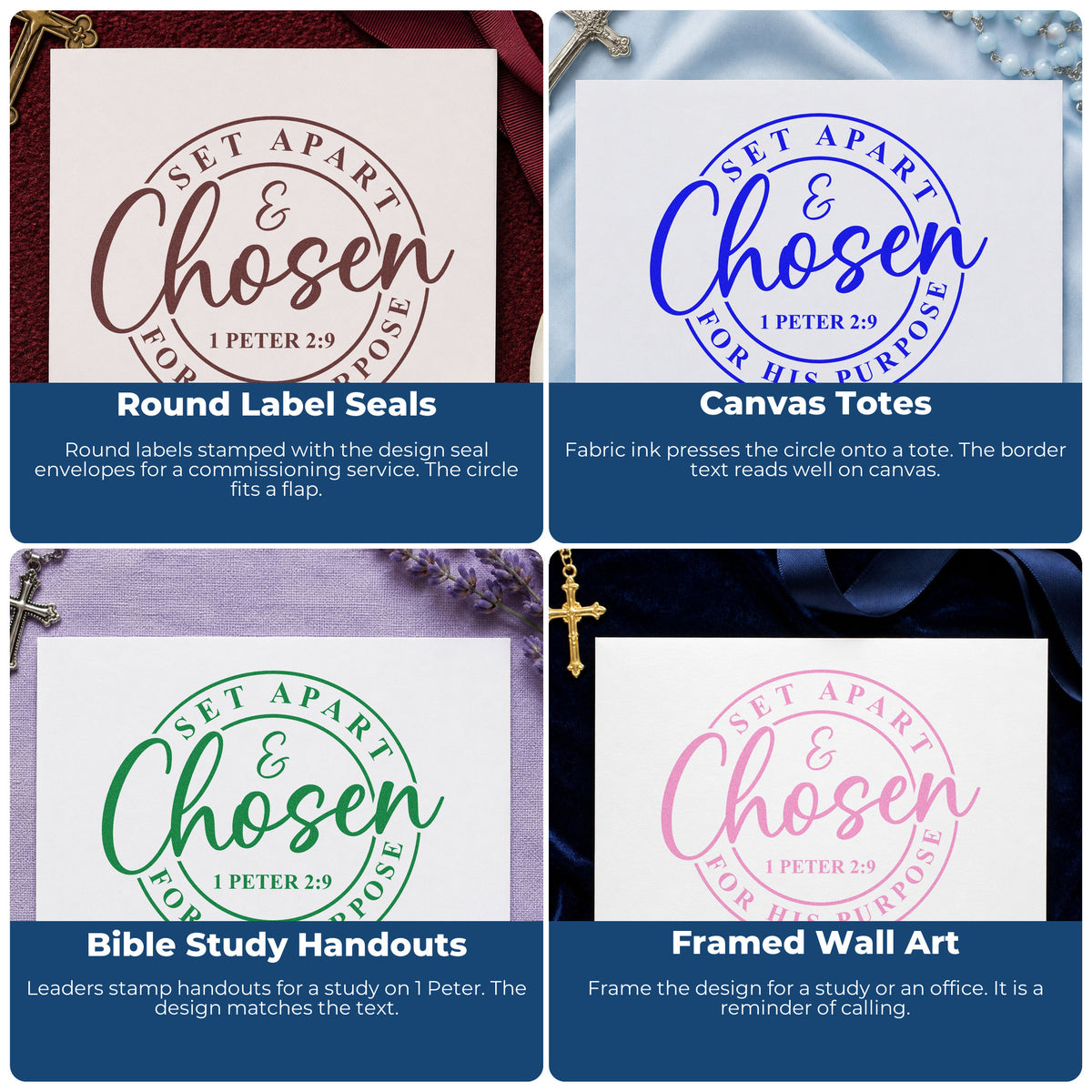 Four ways to use the Chosen For His Purpose Circle Stamp – Wood Handle: round label seals, canvas totes, bible study handouts and framed wall art.