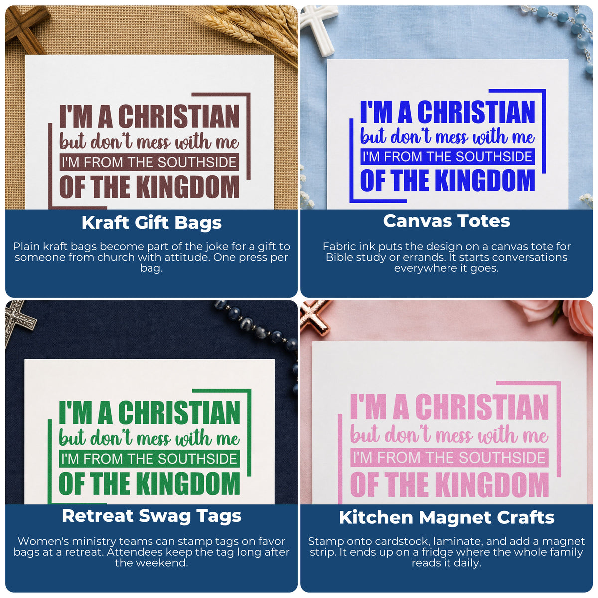 Four ways to use the Christian From The Southside Lettering Stamp - Premium Vintage Pro Wooden: kraft gift bags, canvas totes, retreat swag tags and kitchen magnet crafts.