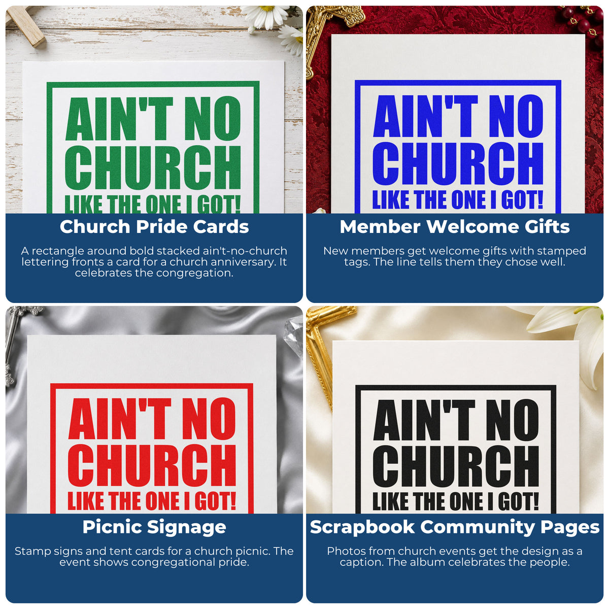 Four ways to use the Slim Pre-Inked Ain't No Church Like The One I Got Stamp: church pride cards, member welcome gifts, picnic signage and scrapbook community pages.