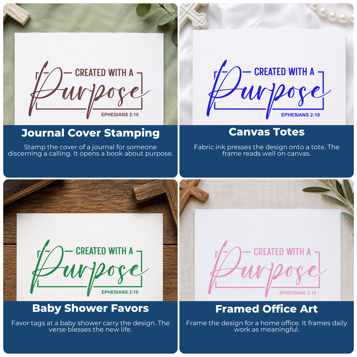 Four ways to use the Created With A Purpose Framed Lettering Wood-Mounted Rubber Stamp: journal cover stamping, canvas totes, baby shower favors and framed office art.