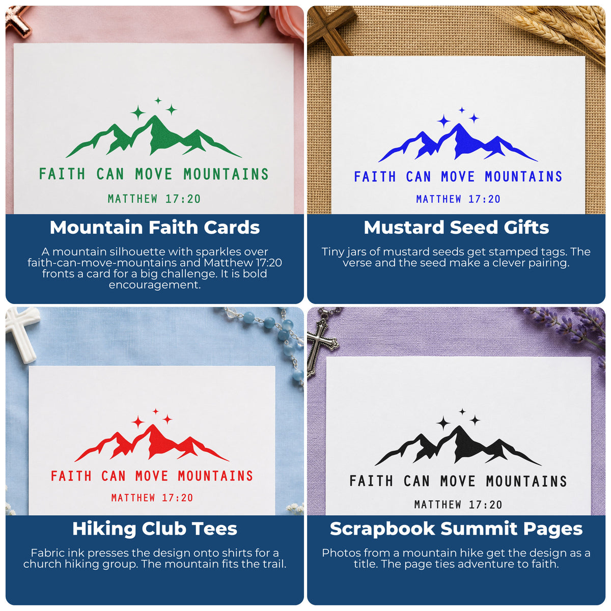 Four ways to use the Faith Can Move Mountains Premium Wooden Stamp - Vintage Pro: mountain faith cards, mustard seed gifts, hiking club tees and scrapbook summit pages.