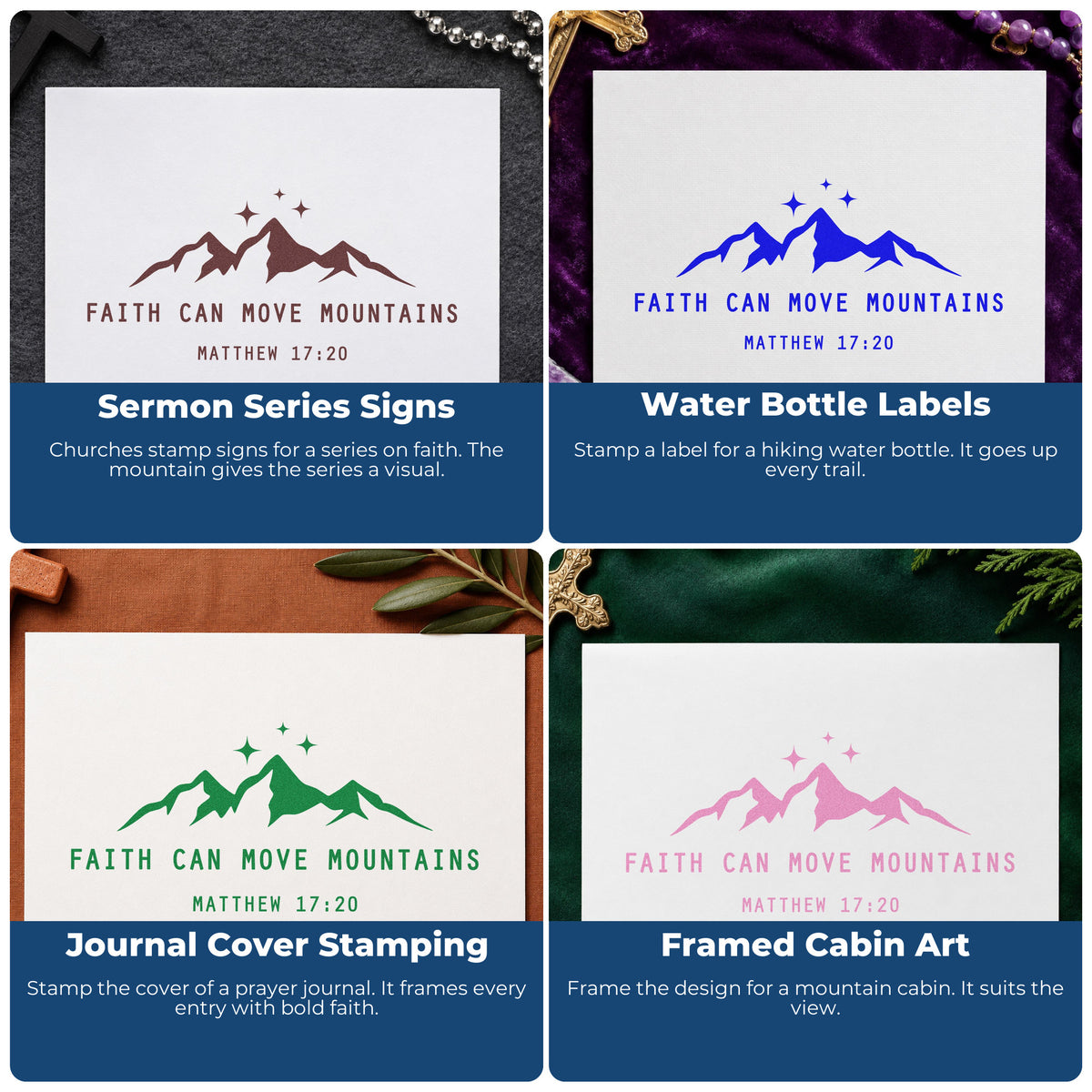 Four ways to use the Faith Can Move Mountains Stamp – Duo Hand: sermon series signs, water bottle labels, journal cover stamping and framed cabin art.