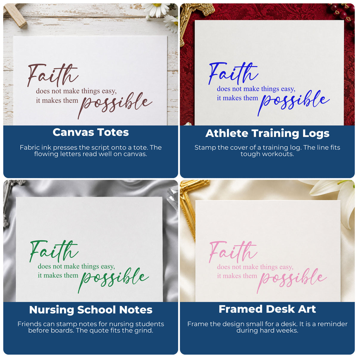 Four ways to use the Faith Makes Things Possible Script Lettering Stamp - Premium Vintage Pro Wooden: canvas totes, athlete training logs, nursing school notes and framed desk art.