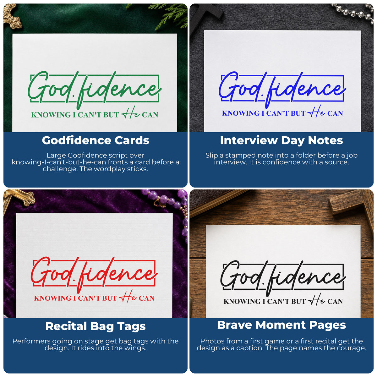 Four ways to use the Godfidence Script Framed Lettering Rubber Stamp – Wood Handle: godfidence cards, interview day notes, recital bag tags and brave moment pages.