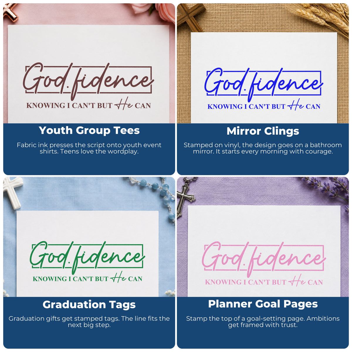 Four ways to use the Godfidence Script Framed Lettering Premium Wooden Stamp - Vintage Pro: youth group tees, mirror clings, graduation tags and planner goal pages.