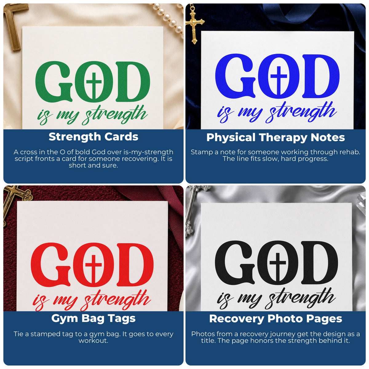 Four ways to use the God Is My Strength With Cross Pre-Inked Stamp – Slim: strength cards, physical therapy notes, gym bag tags and recovery photo pages.