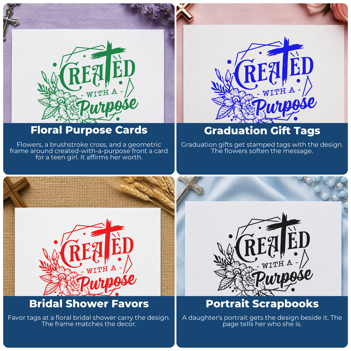 Four ways to use the Created With A Purpose Floral Rubber Stamp – Duo Hand: floral purpose cards, graduation gift tags, bridal shower favors and portrait scrapbooks.