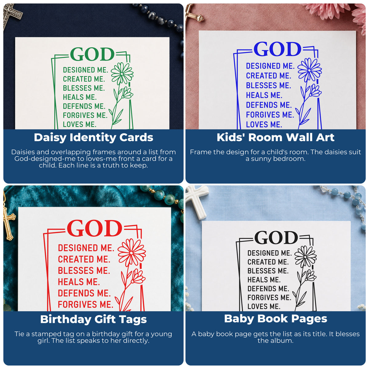 Four ways to use the God Designed Me Daisy Stamp – Self-Inking: daisy identity cards, kids' room wall art, birthday gift tags and baby book pages.