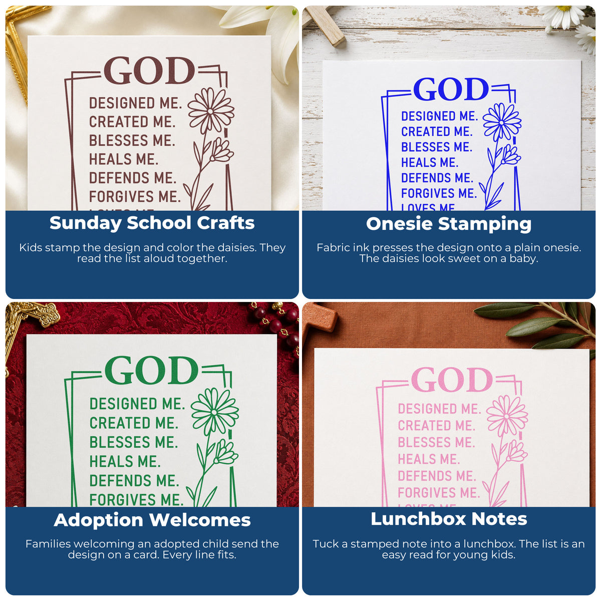 Four ways to use the God Designed Me Daisy Duo Hand Stamp: sunday school crafts, onesie stamping, adoption welcomes and lunchbox notes.