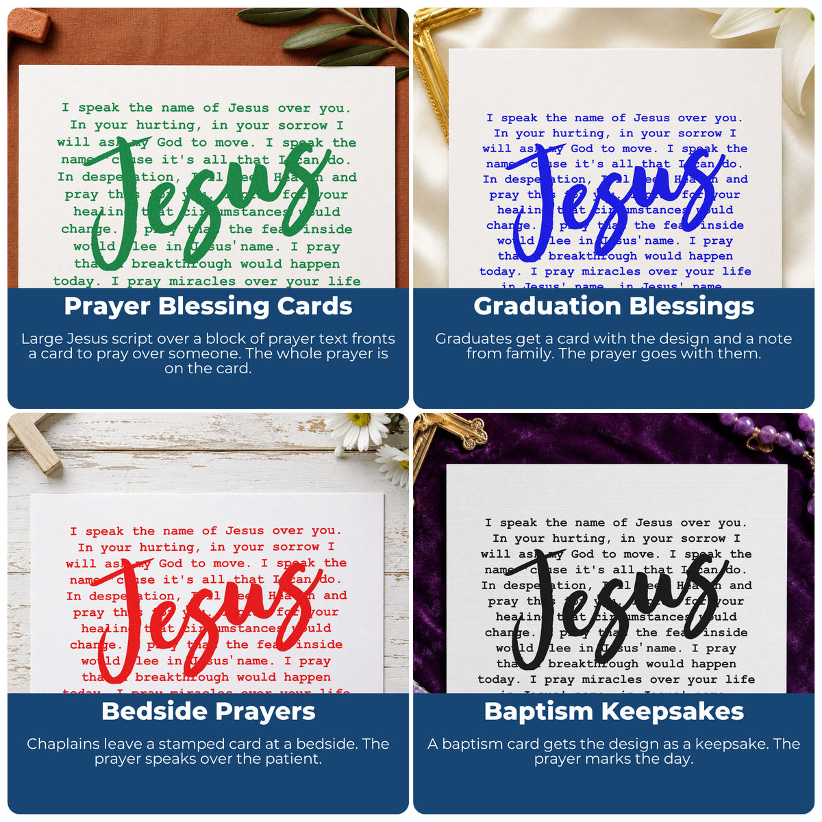 Four ways to use the I Speak Jesus Pre-Inked Stamp – PSI: prayer blessing cards, graduation blessings, bedside prayers and baptism keepsakes.