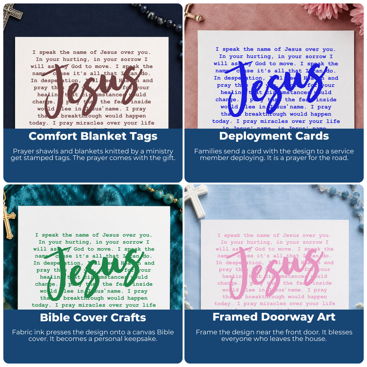 Four ways to use the I Speak Jesus Stamp – Duo Hand: comfort blanket tags, deployment cards, bible cover crafts and framed doorway art.