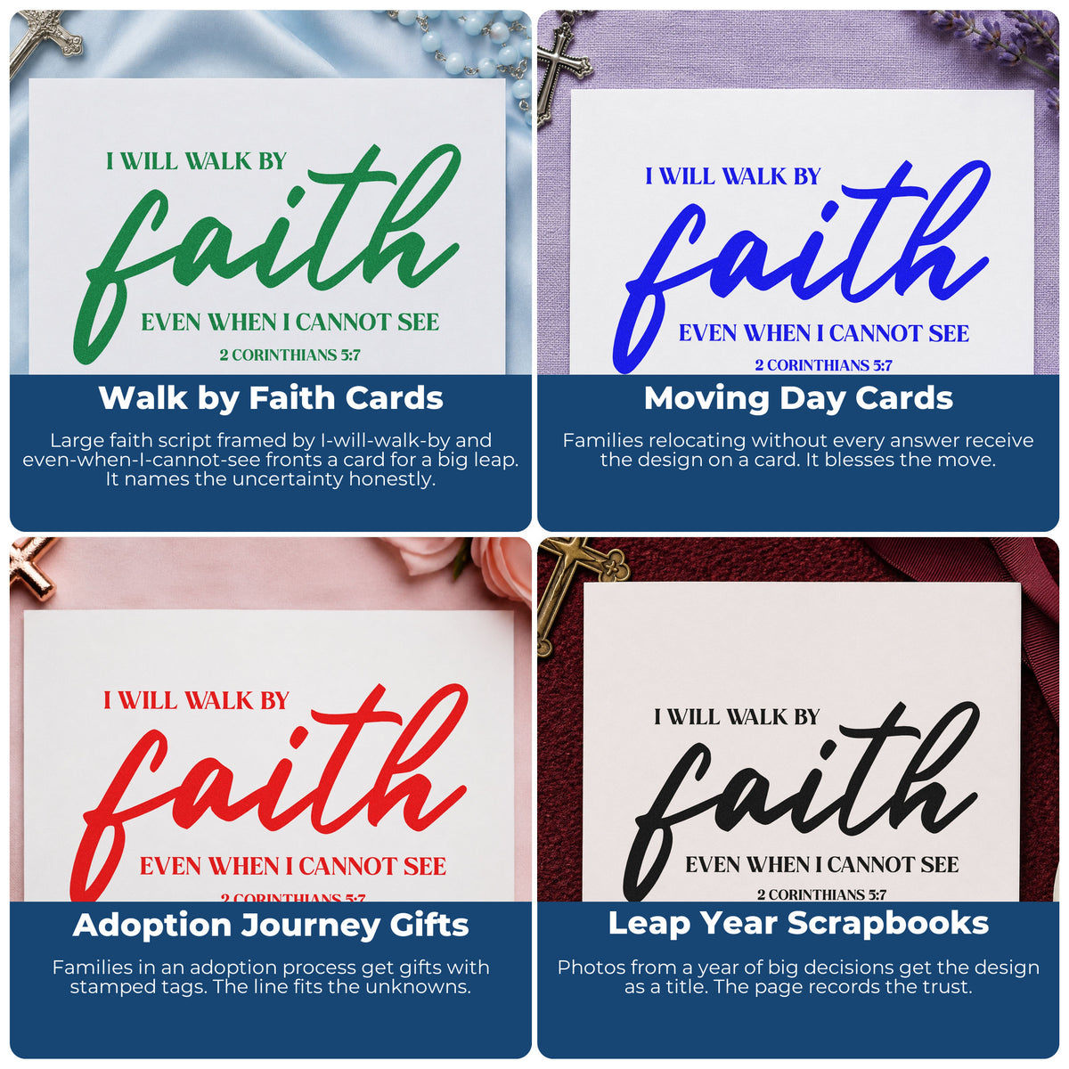 Four ways to use the Walk By Faith Even When I Cannot See Premium Wooden Stamp - Vintage Pro: walk by faith cards, moving day cards, adoption journey gifts and leap year scrapbooks.