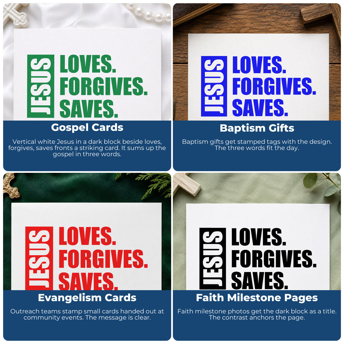 Four ways to use the Jesus Loves Forgives Saves Frame Accent Hand Stamp – Duo: gospel cards, baptism gifts, evangelism cards and faith milestone pages.