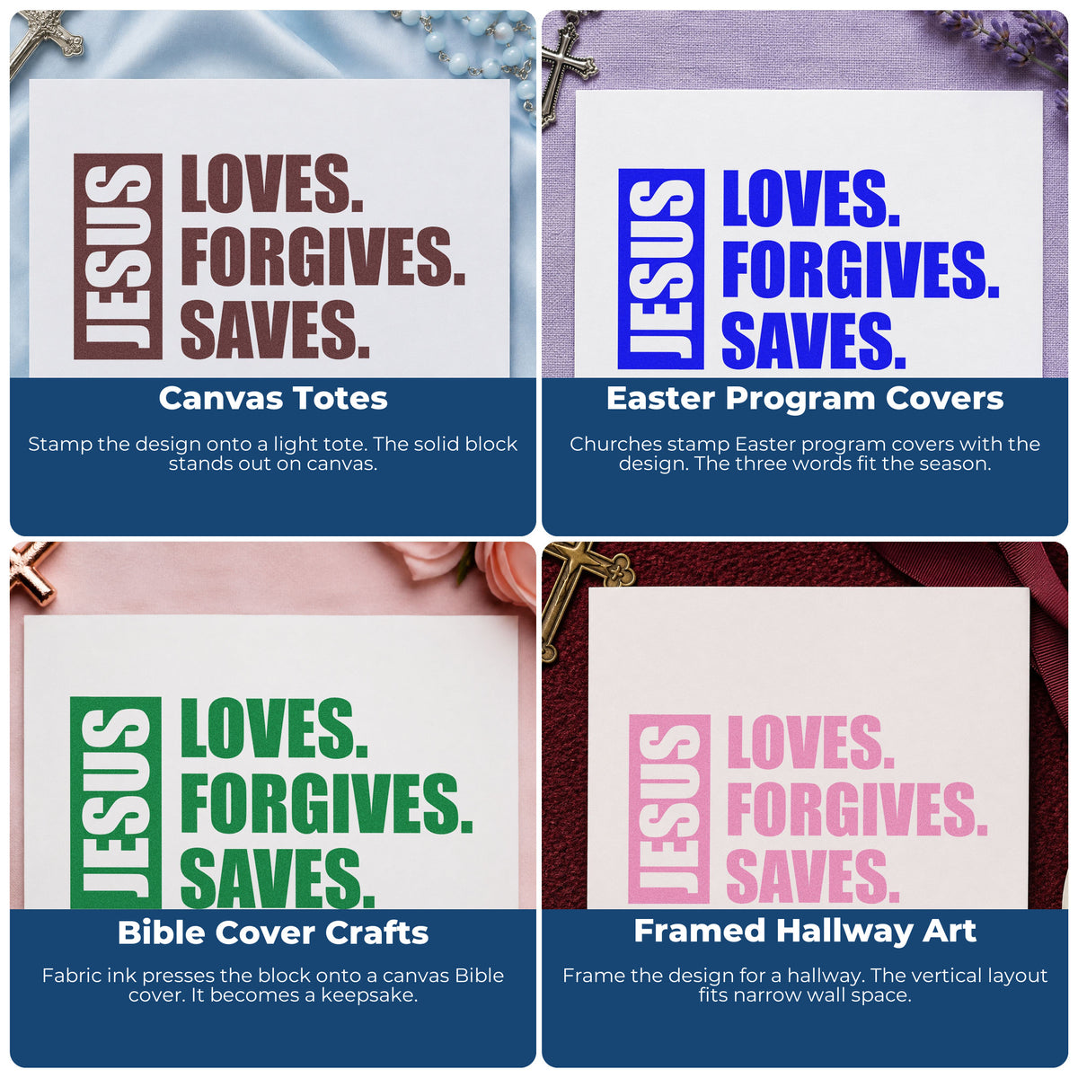 Four ways to use the Jesus Loves Forgives Saves Frame Accent Hand Stamp – Duo: canvas totes, easter program covers, bible cover crafts and framed hallway art.