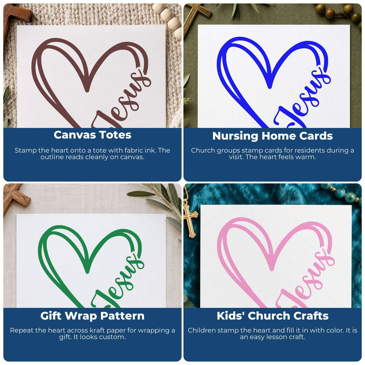 Four ways to use the PSI Pre-Inked Jesus Heart Line Art Stamp: canvas totes, nursing home cards, gift wrap pattern and kids' church crafts.
