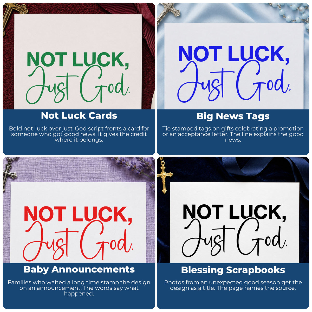 Four ways to use the Vintage Pro Not Luck Just God Premium Wooden Stamp: not luck cards, big news tags, baby announcements and blessing scrapbooks.