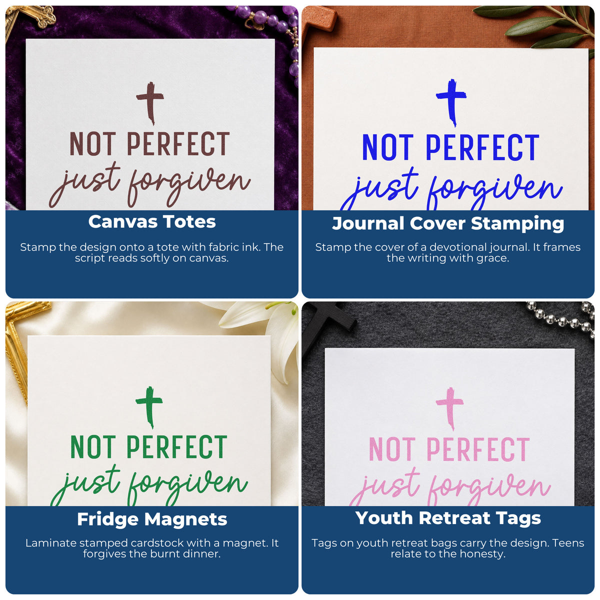Four ways to use the Not Perfect Just Forgiven Cross Script Lettering Self-Inking Stamp: canvas totes, journal cover stamping, fridge magnets and youth retreat tags.