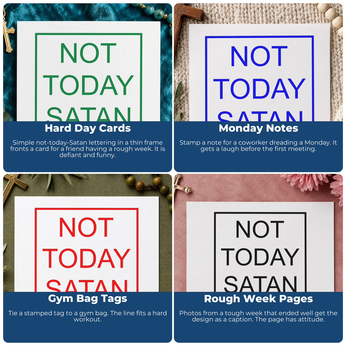Four ways to use the Not Today Satan Frame Premium Wooden Stamp - Vintage Pro: hard day cards, monday notes, gym bag tags and rough week pages.