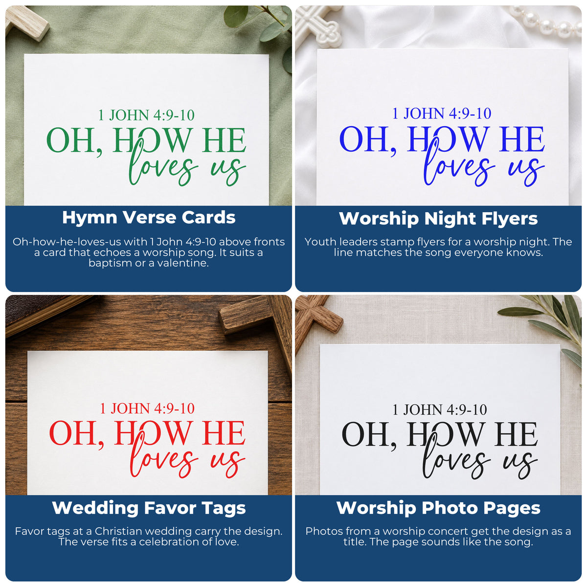 Four ways to use the Oh, How He Loves Us Serif Lettering PSI Pre-Inked Stamp: hymn verse cards, worship night flyers, wedding favor tags and worship photo pages.