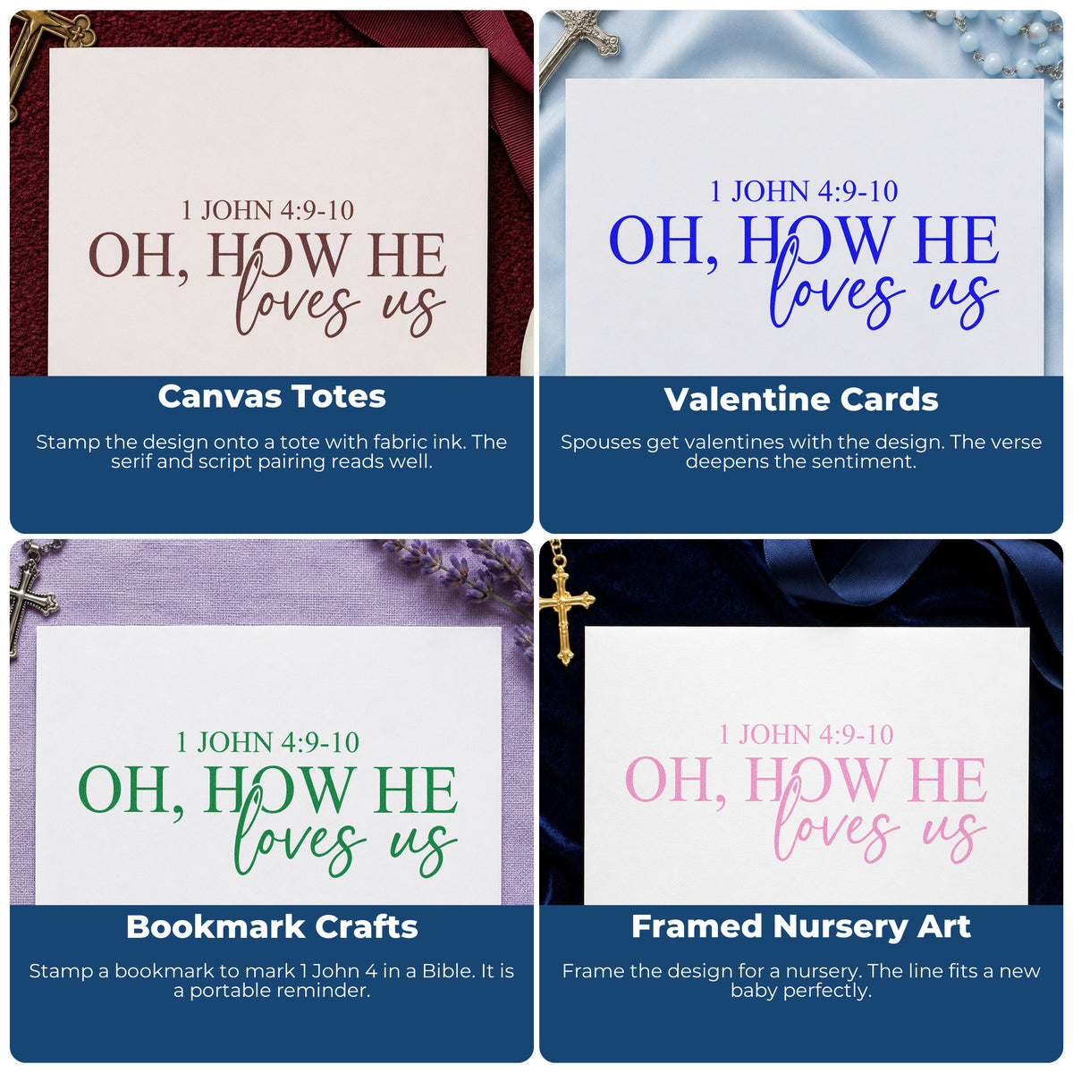 Four ways to use the Oh, How He Loves Us Serif Lettering Stamp – Self-Inking: canvas totes, valentine cards, bookmark crafts and framed nursery art.