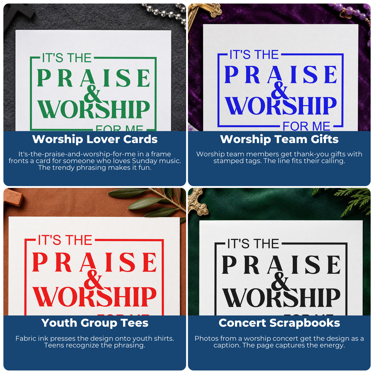 Four ways to use the Duo Hand It's The Praise & Worship For Me Rubber Stamp: worship lover cards, worship team gifts, youth group tees and concert scrapbooks.