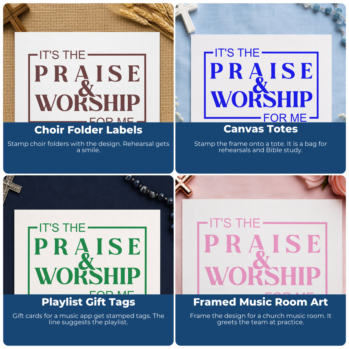 Four ways to use the It's The Praise & Worship For Me Wood Handle Stamp: choir folder labels, canvas totes, playlist gift tags and framed music room art.