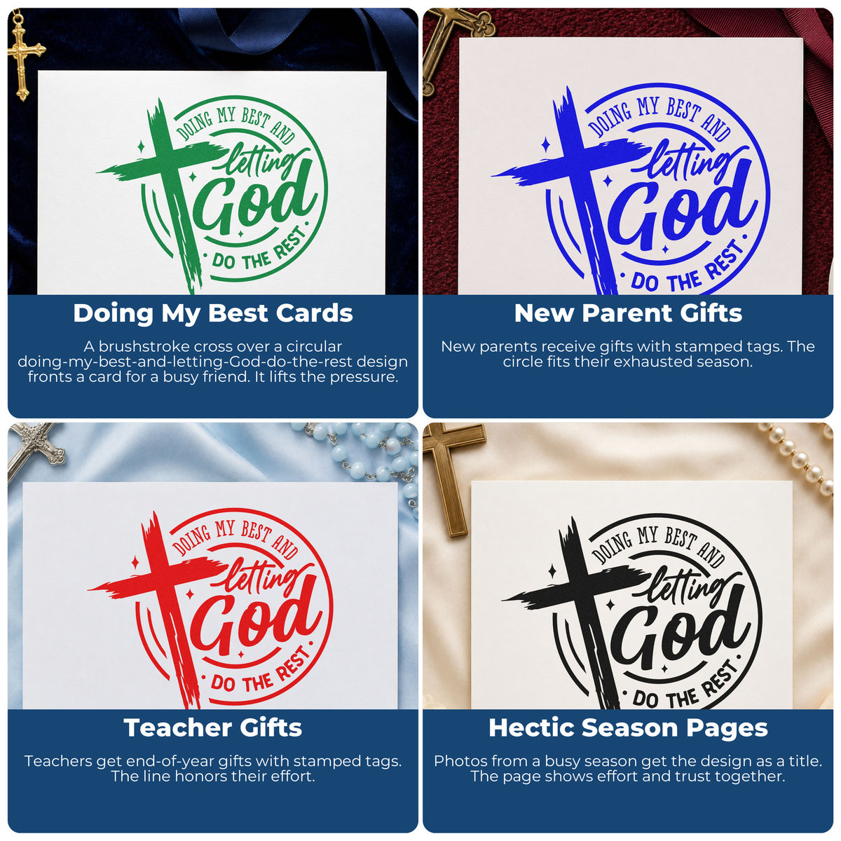 Four ways to use the Doing My Best And Letting God Do The Rest Slim Pre-Inked Stamp: doing my best cards, new parent gifts, teacher gifts and hectic season pages.