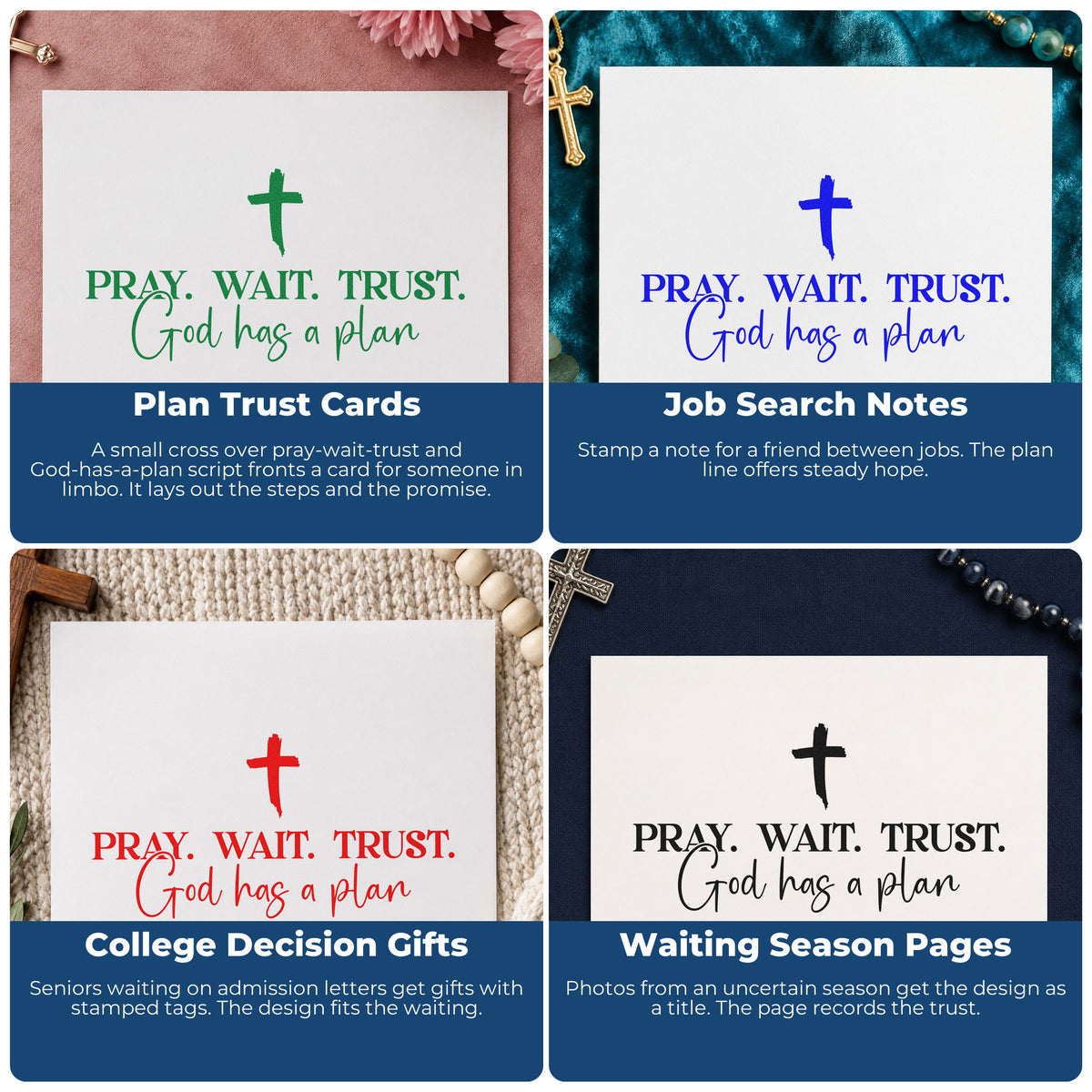 Four ways to use the Vintage Pro Pray Wait Trust God's Plan Premium Wooden Stamp: plan trust cards, job search notes, college decision gifts and waiting season pages.