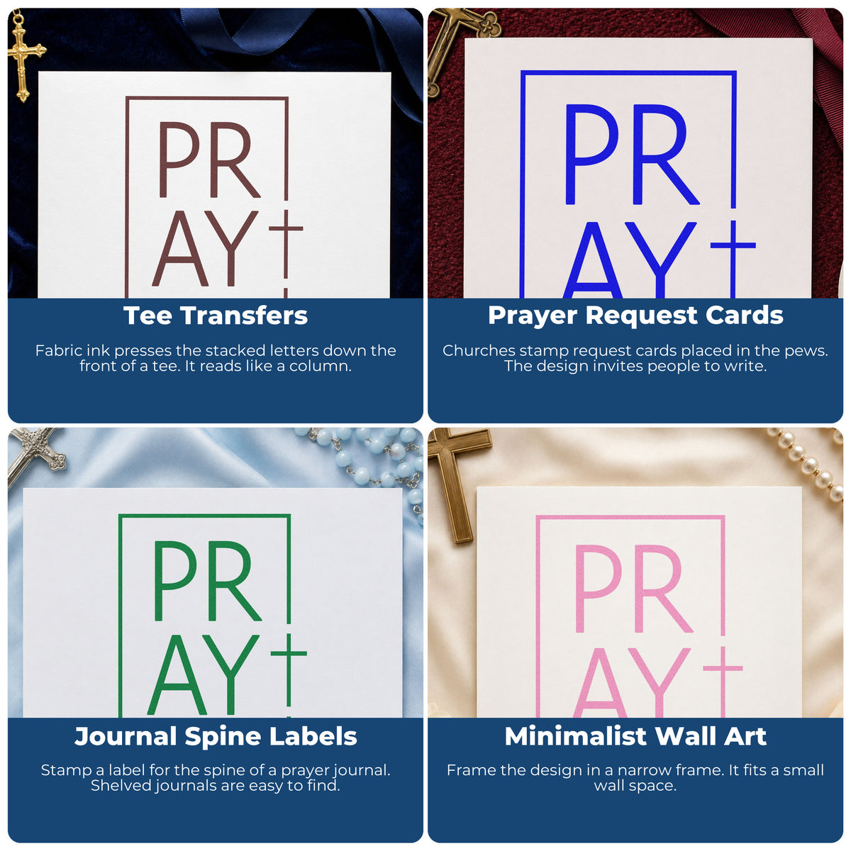 Four ways to use the PSI Pre-Inked Pray Minimal Cross Frame Accent Stamp: tee transfers, prayer request cards, journal spine labels and minimalist wall art.