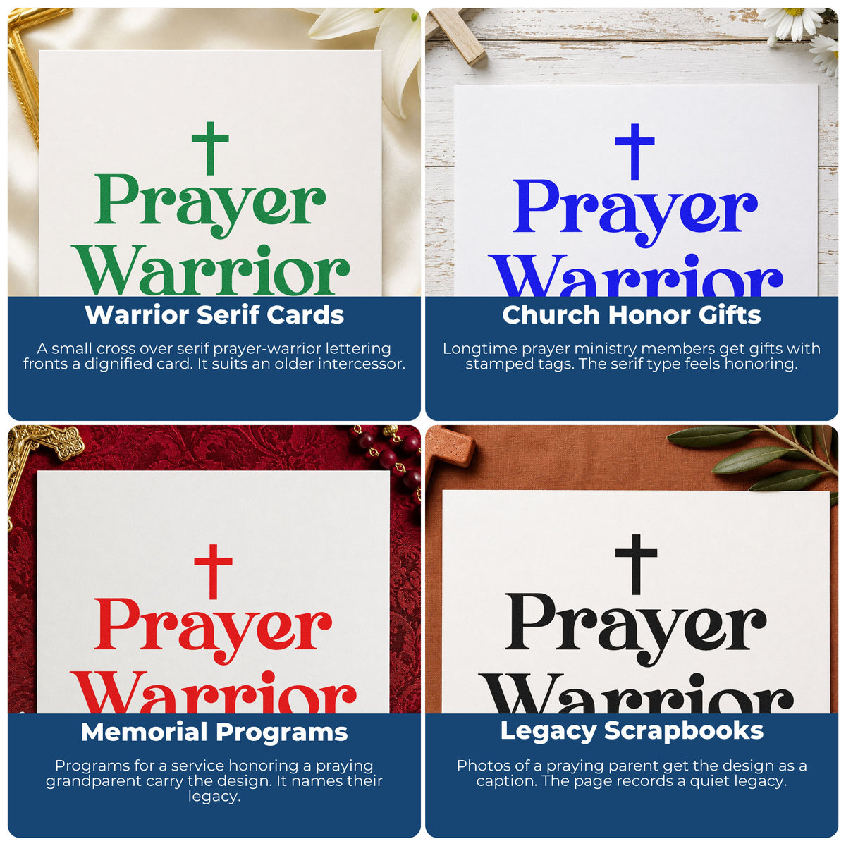 Four ways to use the Prayer Warrior Wood-Mounted Rubber Stamp: warrior serif cards, church honor gifts, memorial programs and legacy scrapbooks.