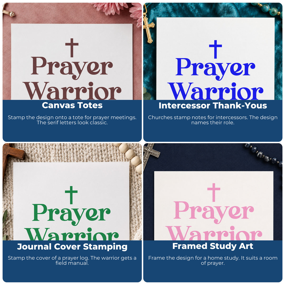 Four ways to use the Prayer Warrior Pre-Inked Stamp – PSI: canvas totes, intercessor thank-yous, journal cover stamping and framed study art.