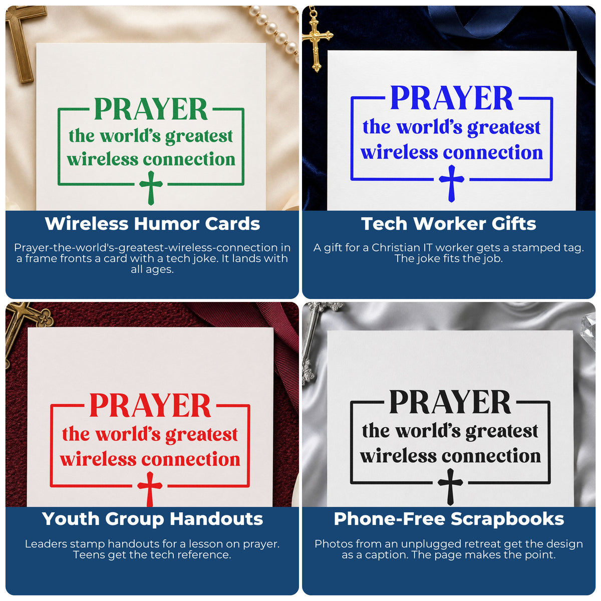 Four ways to use the Prayer, The World's Greatest Wireless Connection Pre-Inked Stamp – PSI: wireless humor cards, tech worker gifts, youth group handouts and phone-free scrapbooks.