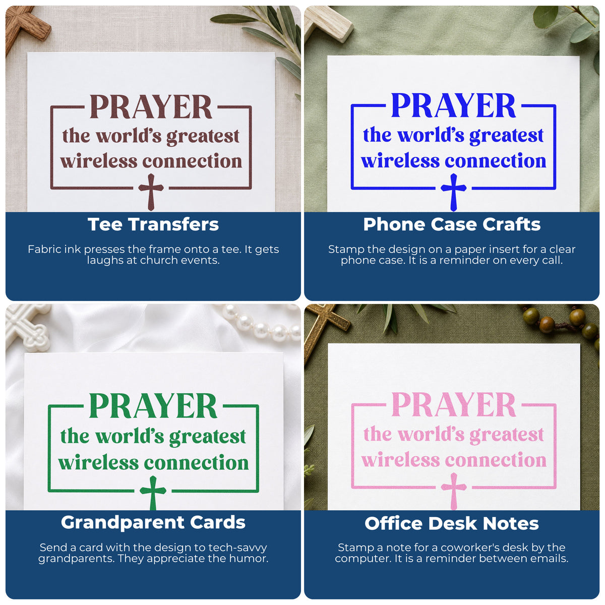 Four ways to use the Self-Inking Prayer, The World's Greatest Wireless Connection Stamp: tee transfers, phone case crafts, grandparent cards and office desk notes.