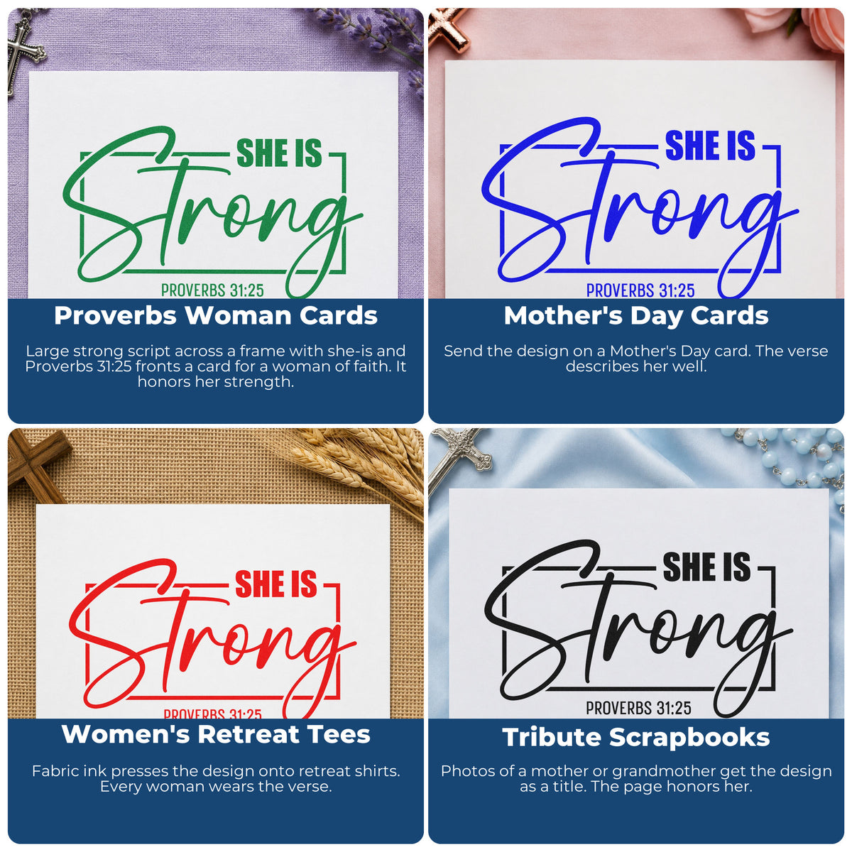 Four ways to use the She Is Strong Script Framed Lettering Rubber Stamp – Duo Hand: proverbs woman cards, mother's day cards, women's retreat tees and tribute scrapbooks.
