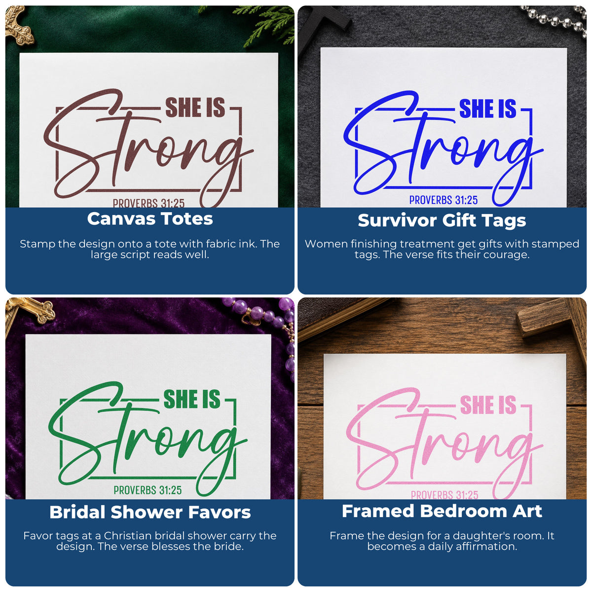Four ways to use the Premium Wooden She Is Strong Script Framed Lettering Stamp - Vintage Pro: canvas totes, survivor gift tags, bridal shower favors and framed bedroom art.